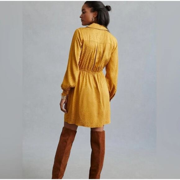 Anthropologie Long-Sleeve Mini Dress Leopard Print Gold Size Medium‎ - Picture 2 of 10